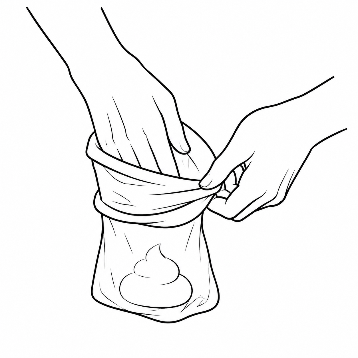 Line drawing showing the bag pulled back over the hand to enclose the dog waste